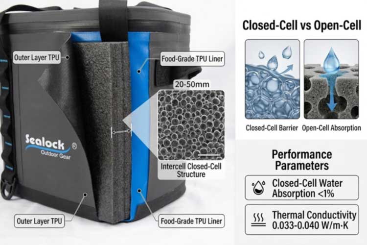 soft cooler wall cross-section showing TPU shell, closed-cell XPE foam and food-grade liner with closed vs open cell comparison